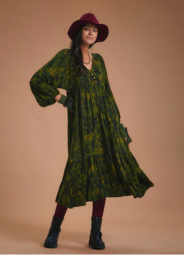 Loose Fit Tiered Long Puff Sleeve Dress
